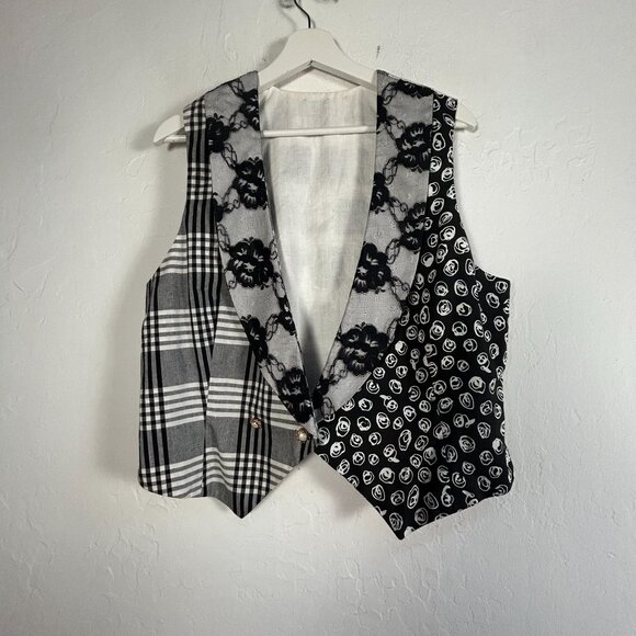 Women's Patchwork Pattern Shawl Collar Vest Black Gray Double-Breasted Casual - Picture 1 of 6